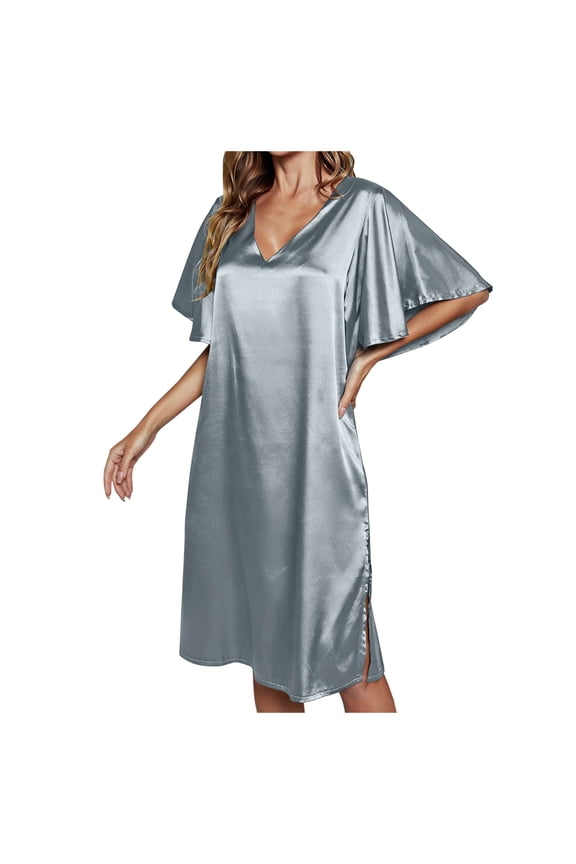 Lady Sleepwear Solid Color Female Ice Silk Nightdress Summer Short Sleeve Women's Gown
