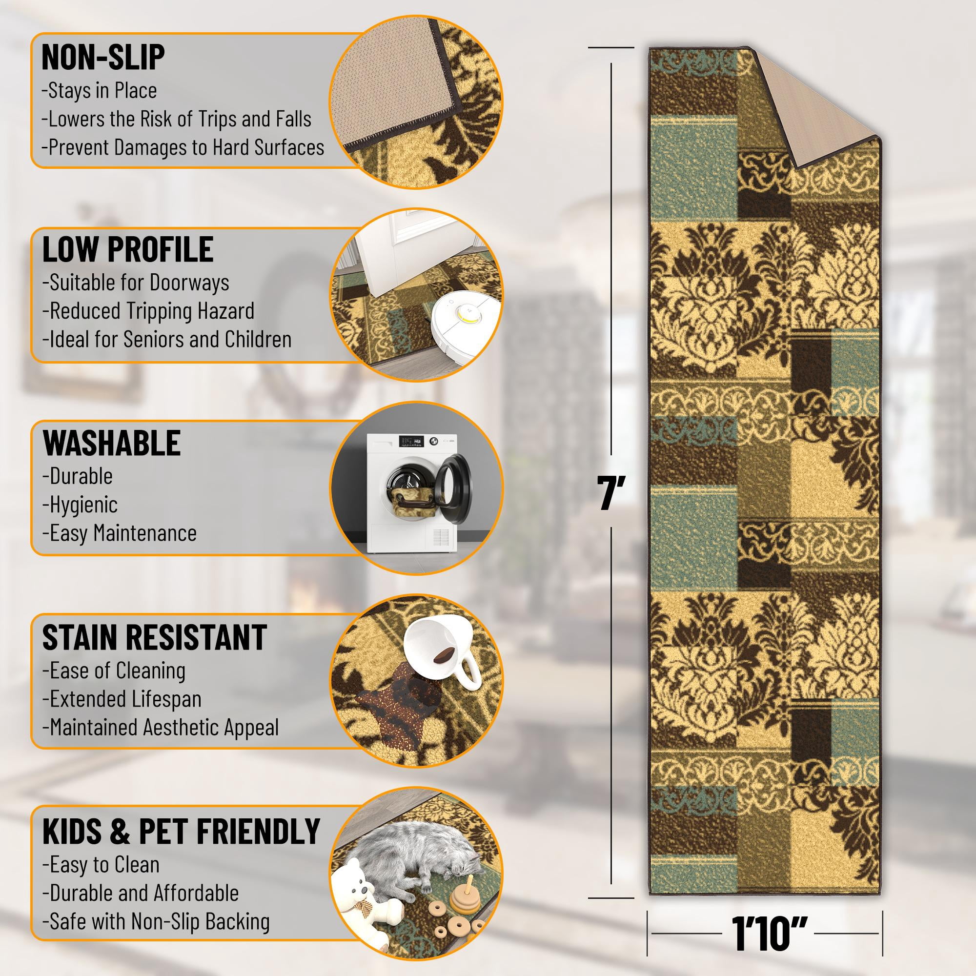 Ottomanson Non-Slip Hallway Runner Rug 1'10" x 7' Perfect for High Traffic Areas, Brown/Green Damask