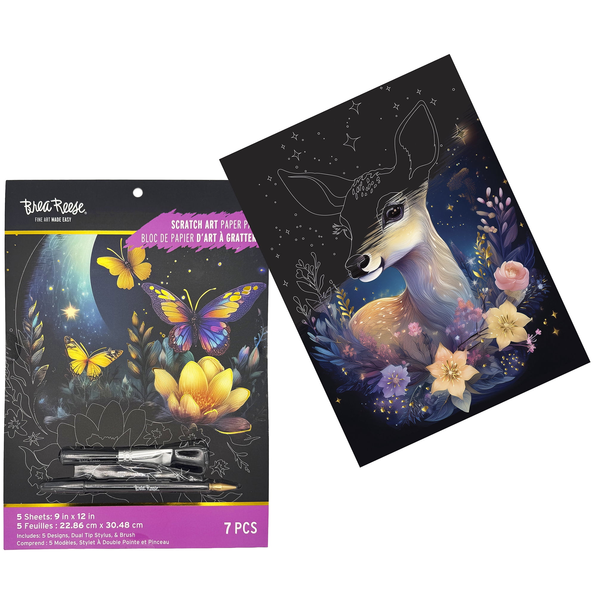 Brea Reese: Scratch Art Paper Pad - Moonlit Creatures - 5 Nature Designs, Metallic Foil, Dual-Tip Stylus & Brush, Easy-to-Frame 9x12 Pgs, Adult Craft