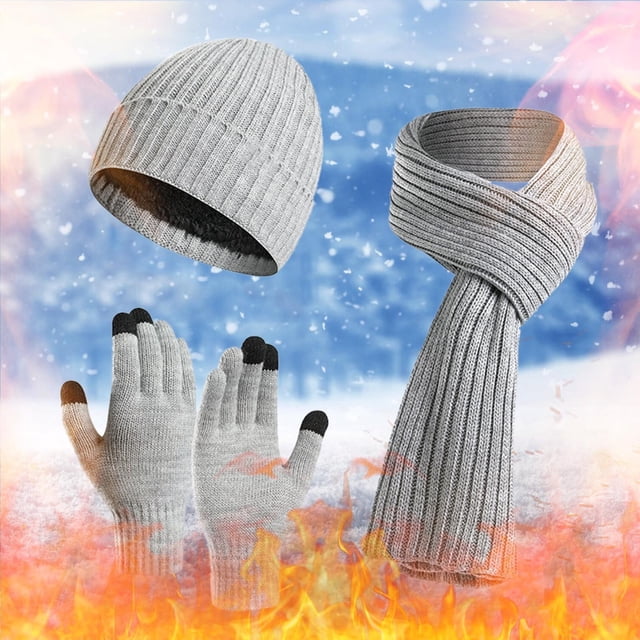 Solid Color Winter Knit Set, Cuffed Beanie with Thick Scarf and Gloves, 3-Piece Fleece Lined Set, Cold Weather Accessories, Matching Gift Set Dark Gray