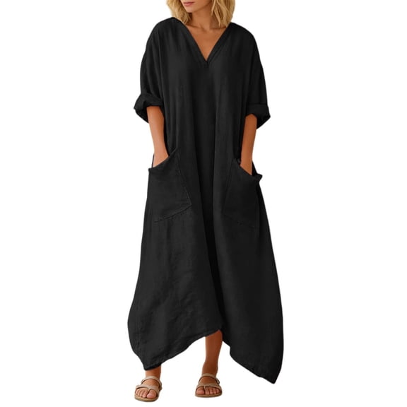 Afdoent Dresses For Women Elegant Casual Maxi Dress With Solid Color Front Pocket Crew Neck For Everyday Wear Travel Outfits