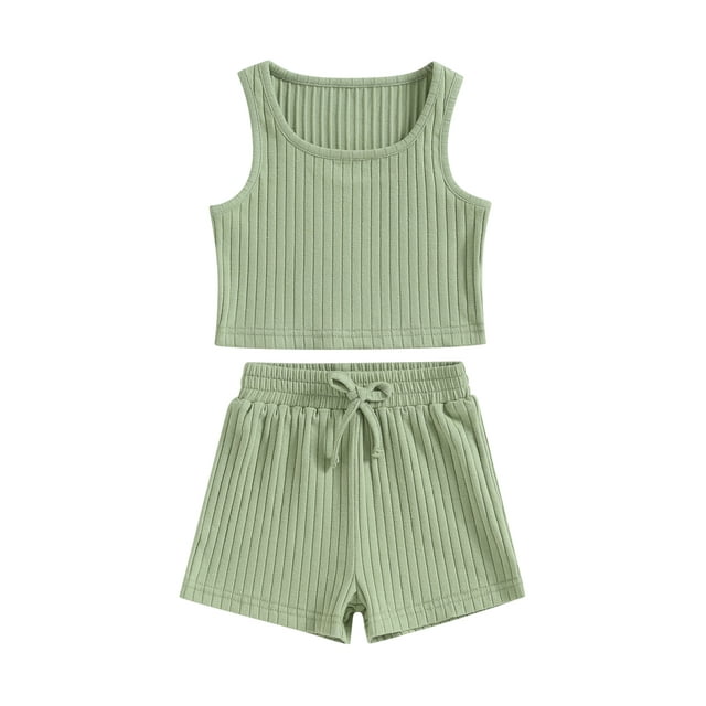 SUNSIOM Kids Girl Summer Outfits Solid Color Sleeveless Rib Knit Tank Tops Elastic Waist Shorts 2Pcs Clothes Set
