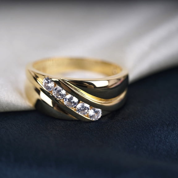 Diastar Jewels Five Stone 14K Yellow Gold Finish Silver Round Cubic Zirconia Men's Wedding Engagement Band