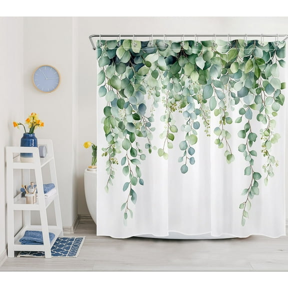 Eucalyptus Leaves Shower Curtain Green Leaf Watercolor Plants Bathroom Shower Curtain Spring Rustic Vintage Art Home Decor Waterproof Durable Shower Curtain Accessories with 12 Hooks 72x78 Inches