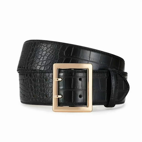 AI DEEBLUE Women Wide Belts Fashion Thick Black Belt with Gold Double Prong Buckle Belt for Dresses