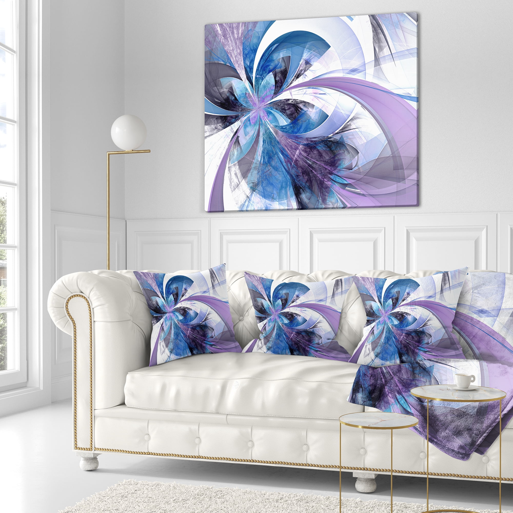 Designart Symmetrical Fractal Flower in Blue - Floral Throw Pillow - 16x16