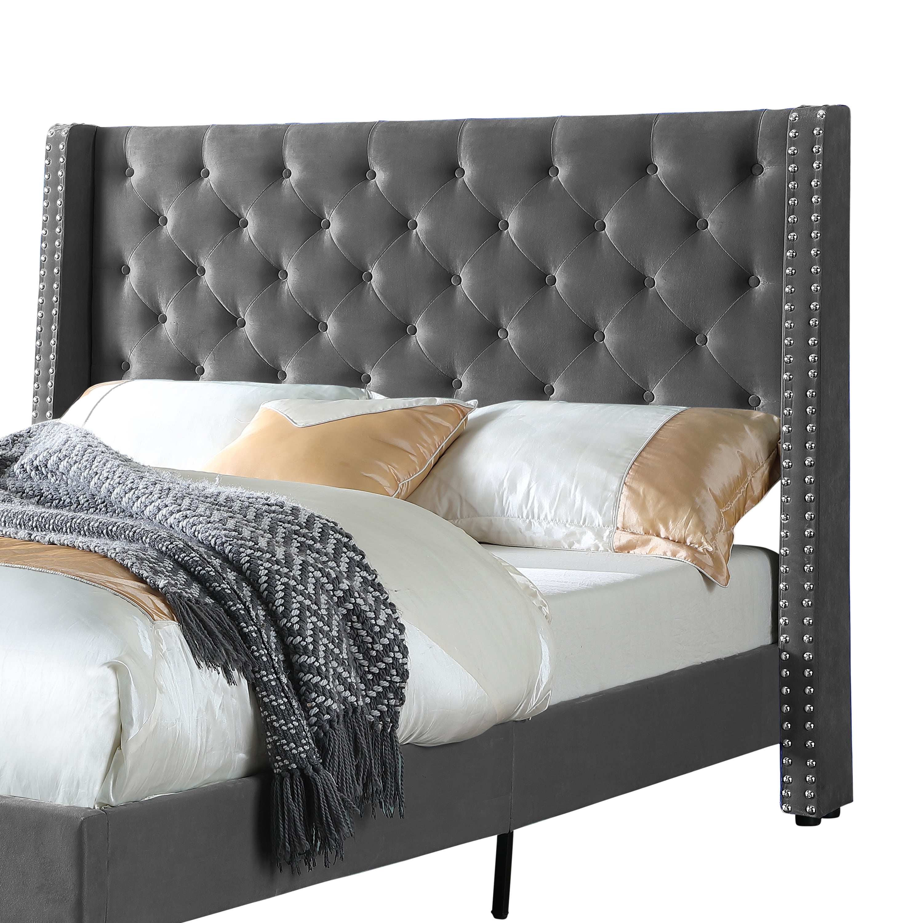 AC Pacific Full Modern Upholstered Platform Bed with Nailhead Trim, Gray