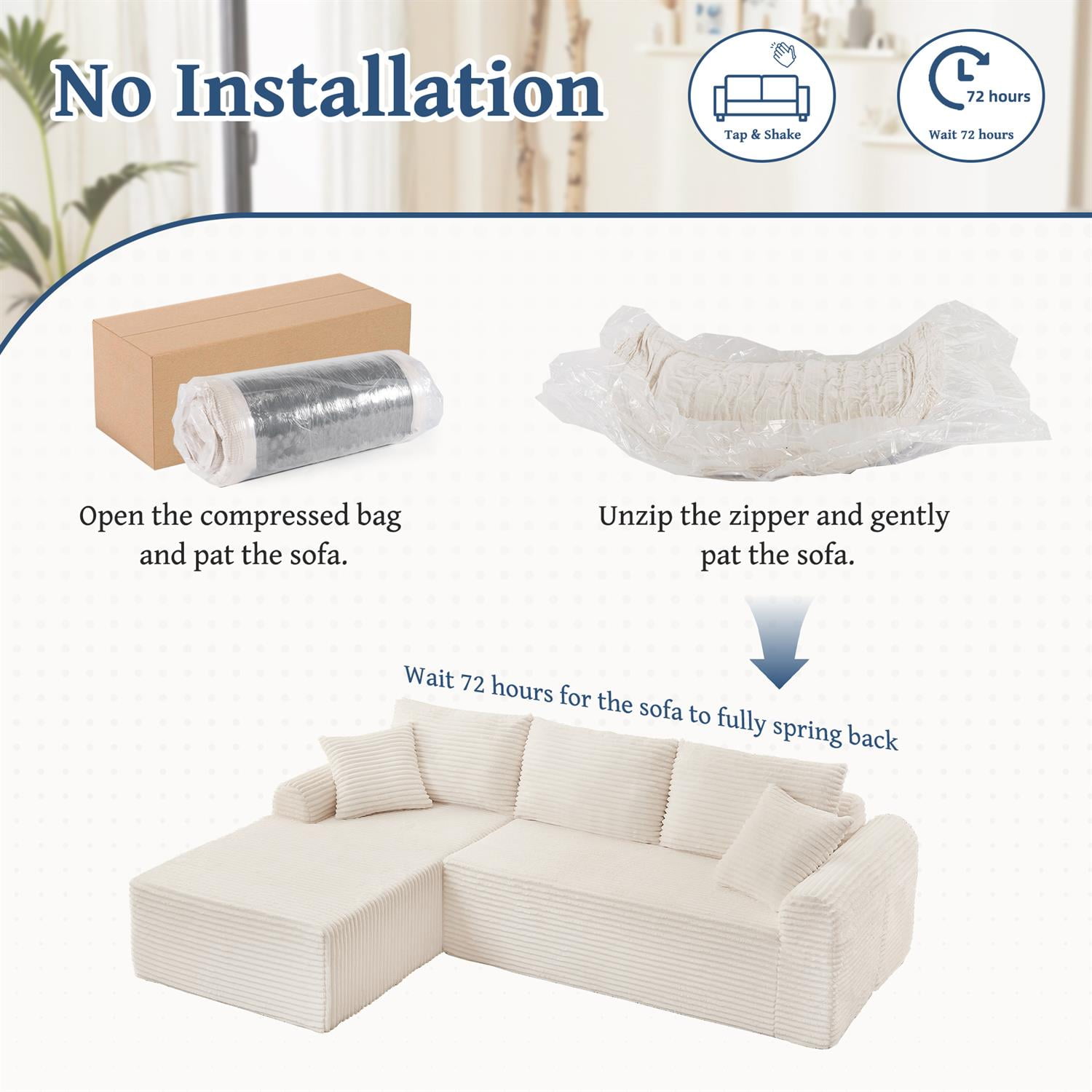 Demi Bonn 103" Cozy Corduroy Sectional Sofa with Arched Armrests, Non-Slip Base, 3 Back Cushions and 2 Throw Pillows, Full-Compression Chaise Lounge Couch Set, White