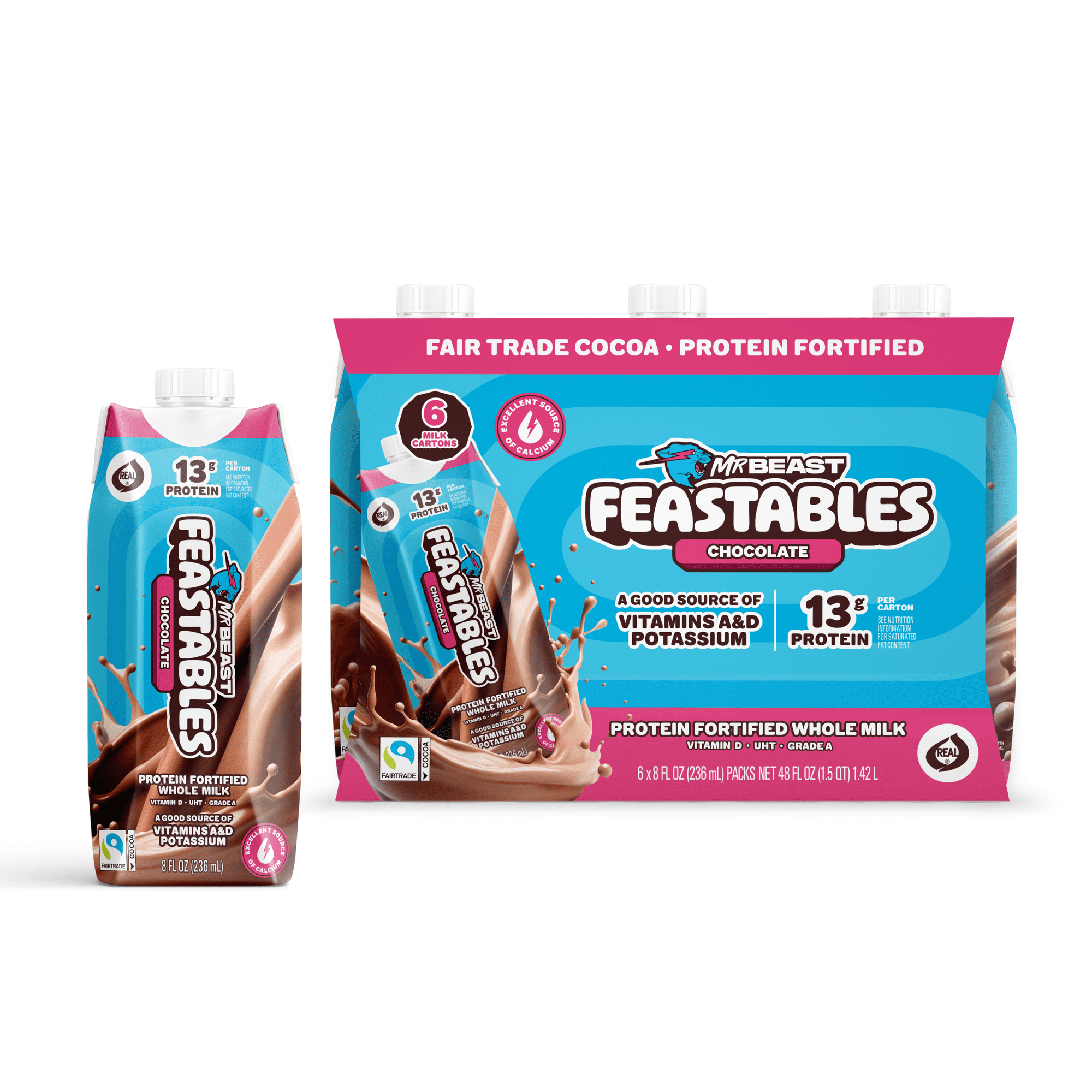 Feastables Protein Fortified Chocolate Milk, Shelf-Stable, 8 fl oz, 6 Pack