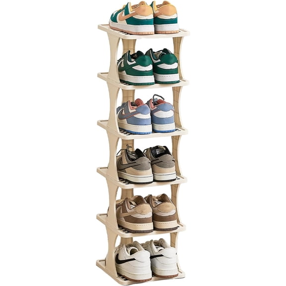 Vertical Shoe Rack 6 Tier, Narrow Free Standing Shoe Organizer for Closet, Entryway & Bedroom, Tall Plastic Narrow Shoe Rack for Small Spaces, Stackable Shoe Organizer& Easy to Assemble
