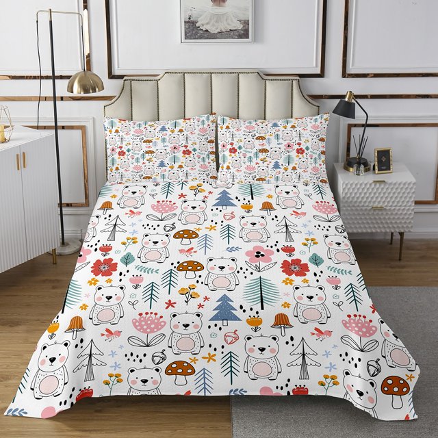 Erosebridal Kawaii Bear Coverlet Set Twin, Tree Plant Bedding Set, Cartoon Theme Decor, 2pcs
