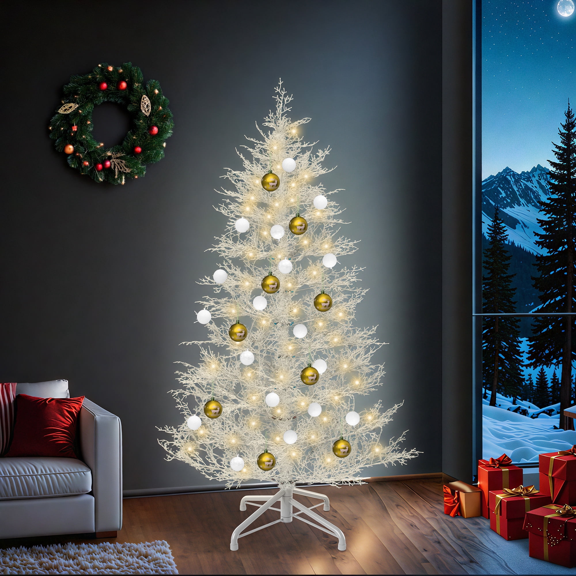 Uforic 6 ft Prelit Artificial Christmas Tree with 550 PE Tips & 300 Lights, Remote Control, White