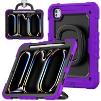 Case for iPad Pro 11 inch M4 2024/ M5 2025, 360 Rotating Stand Handle Pencil Holder Shoulder Strap Heavy Duty Shockproof Cover, Purple