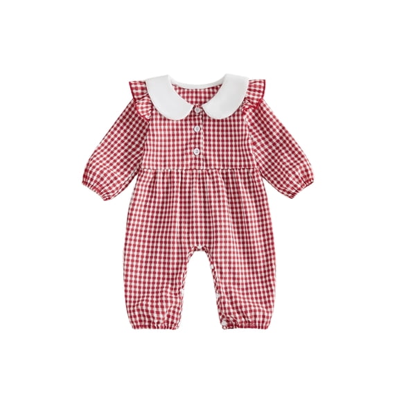 RUINIXCW Newborn Baby Girl Spring Fall Winter Outfit Plaid Gingham Romper Peter Pan Collar Long Sleeve Jumpsuit Infant Baby Girl Essentials Clothes