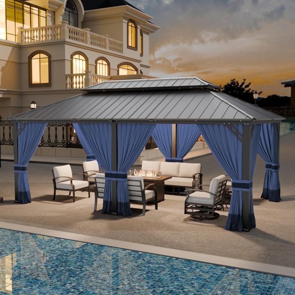 ASJMR 12' x 20' Double Roof Hardtop Gazebo with Netting and Curtains,Outdoor Metal Pavilion Patio Garden Tent,Navy