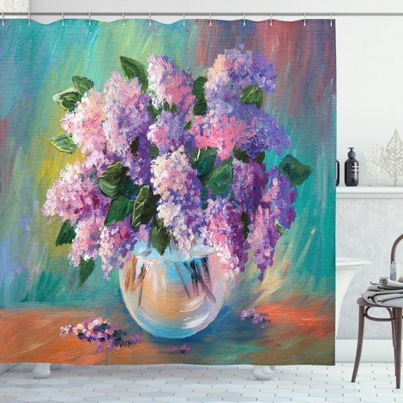 Lilac Shower Curtain, Oil Painting Style Freshly Picked Seasonal Flowers in a Vase on Artistic Background, Fabric Bathroom Set with Hooks, 69W X 75L Inches Long, Multicolor, by Ambesonne