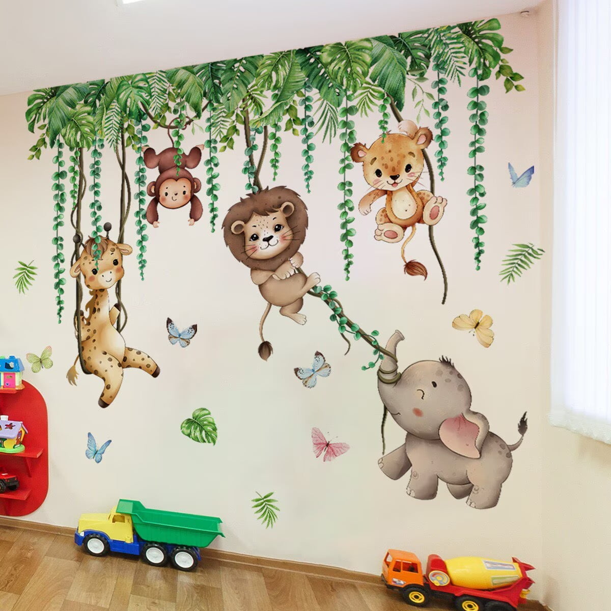 Jungle Animal Tree Branch Wall Decals tree wall decals plant wall Stickers Safari Animal Monkey Lion Wall Stickers DIY Peel and Stick Baby Nursery Kids Bedroom Living Room Wall Decor