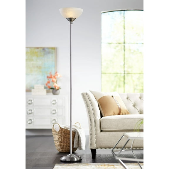 360 Lighting Maddox Modern Torchiere Floor Lamp 71" Tall Satin Nickel Silver Metal Alabaster Glass Shade for Living Room Bedroom Office House Home