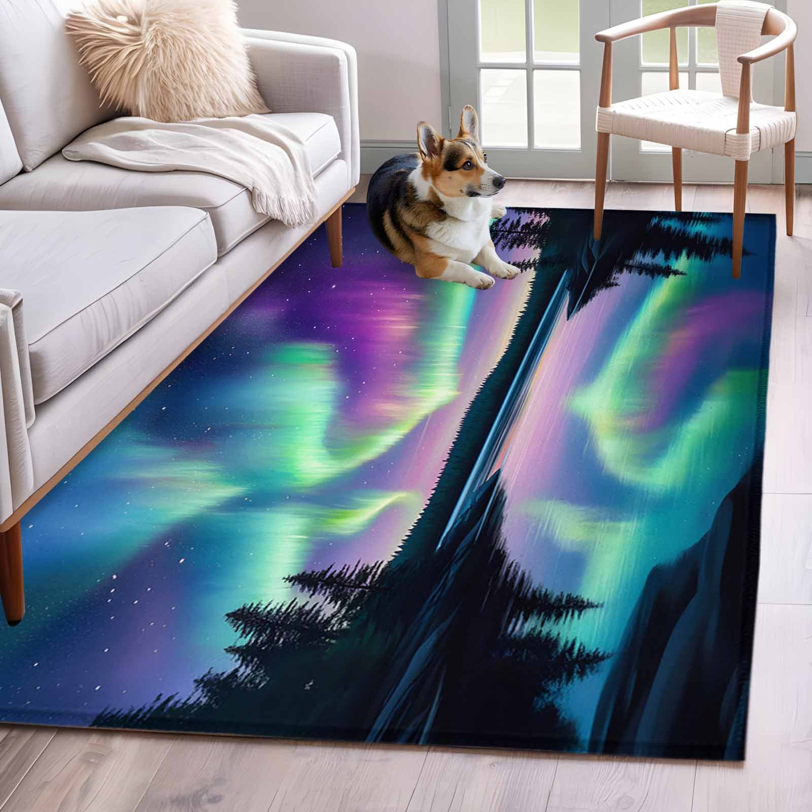 Colorful Aurora 4x6 Area Rugs for Living Room Starry Sky Lake Nature Forest Modern Art Non Slip Floor Mat Washable Low-Profile Indoor Carpet for Bedroom Dining Room Bathroom