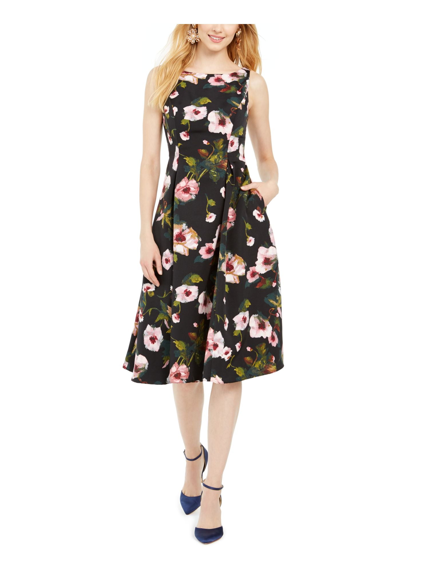 Adrianna Papell Womens Poppies Printed Fit-and-Flare Dress