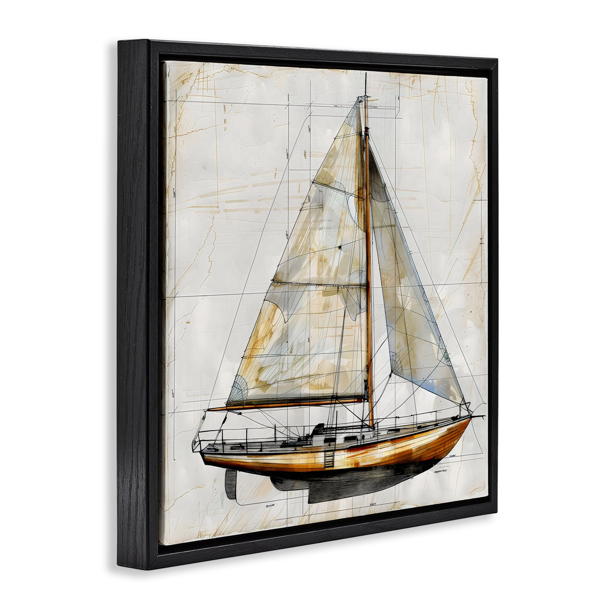 Stupell Industries Vintage Sailboat Drawing Blueprint Black Framed Floater Canvas Wall Art, design by Creative Studio