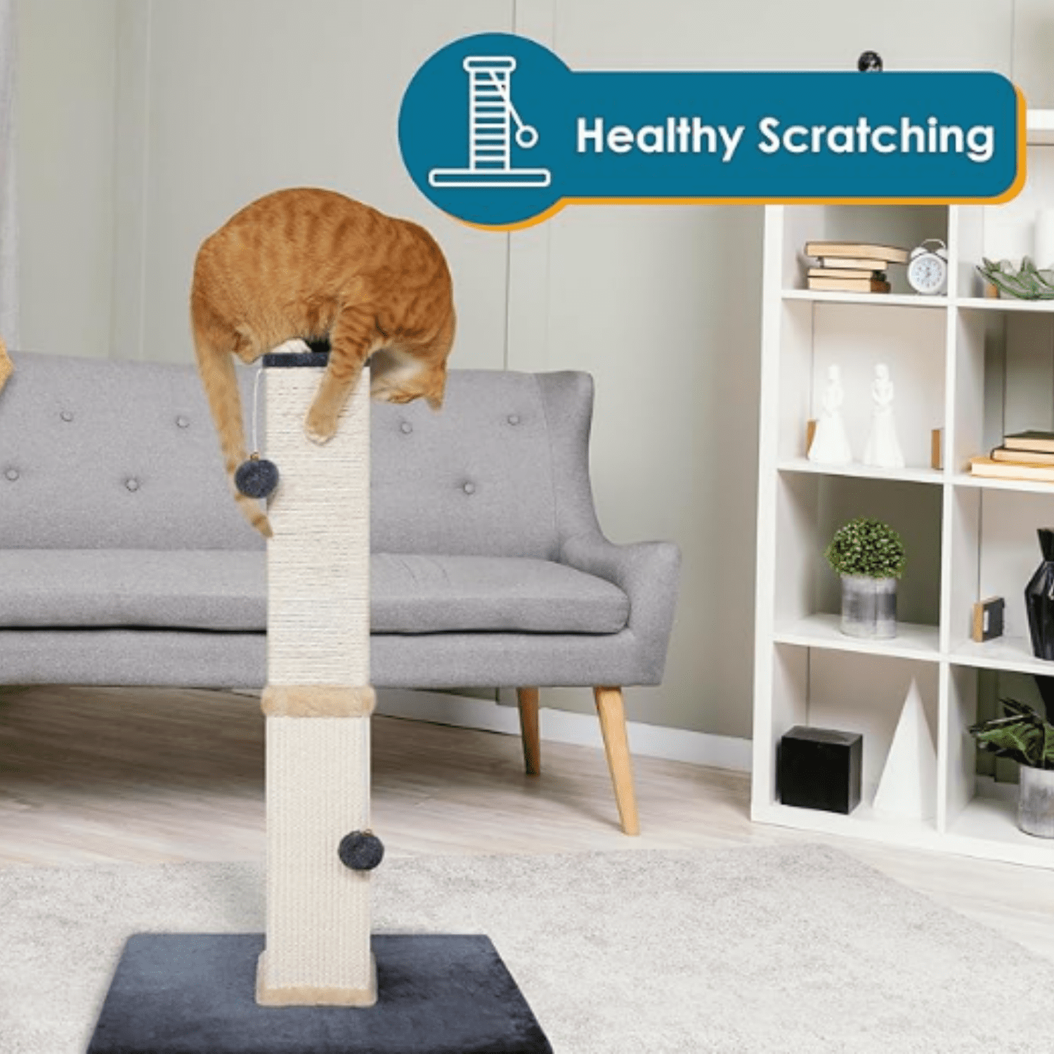 Cat Scratch Post Tower - 32” Tall Cat Scratching Post with Jingle Bells and P Balls - Sisal Cat Scratcher with Larger Base for Better Stability - Cat Scratching Posts for Indoor Cats