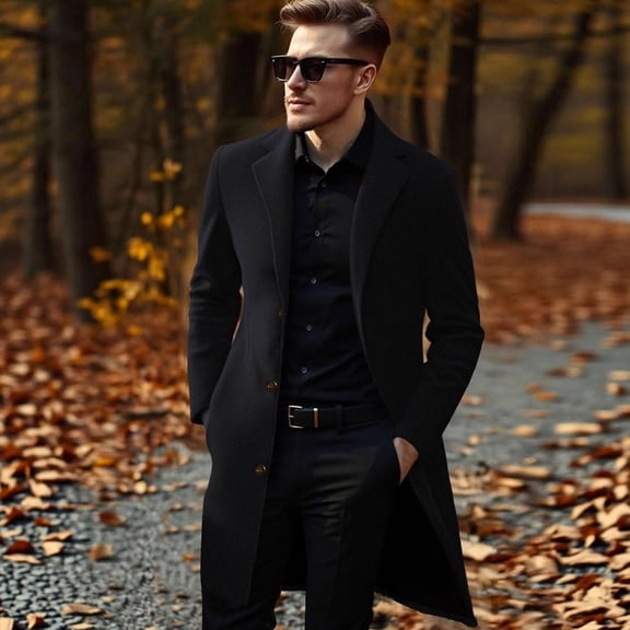 Mens Pea Coat Wool Blend Single Breasted Overcoat Notched Lapel Collar Warm Winter Clothes Slim Fit Business Casual Jacket Fall Winter Outfits With Pockets