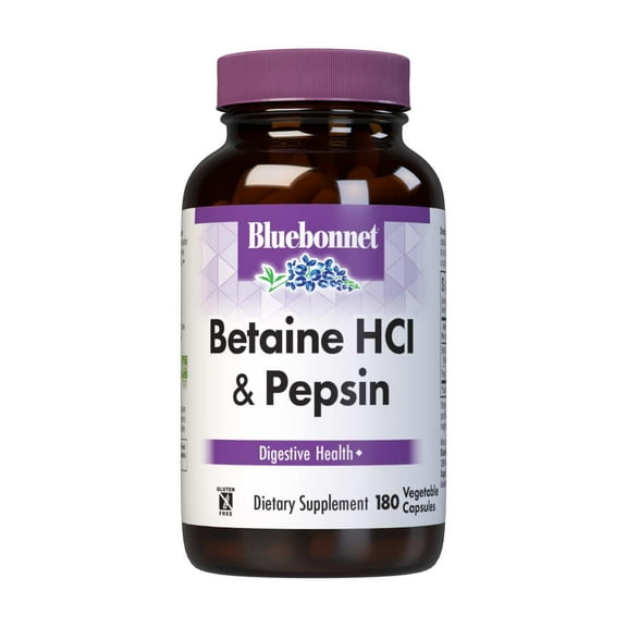 Bluebonnet Nutrition Betaine HCI Plus Pepsin Vegetarian Capsules, 180 Count