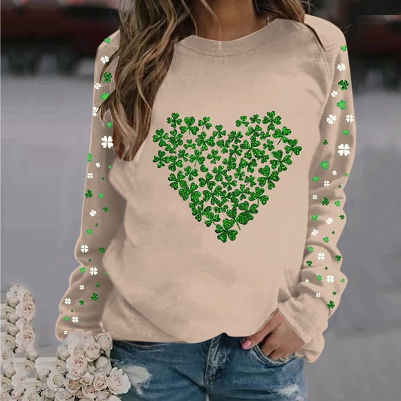 Mceream Chandail de la Saint-Patrick pour Femmes : T-Shirts Graphiques Brodés Shamrock, Chandails à Enfiler de la Fête de Paddy, Hauts Grande Taille Kaki TG