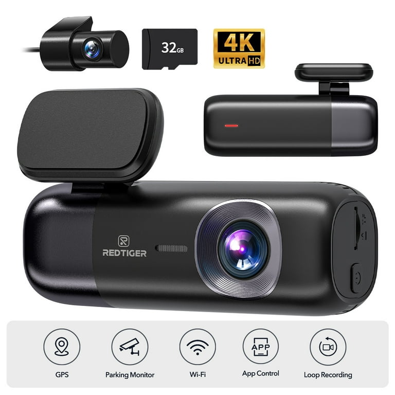 REDTIGER Dash Cam Front and Rear, 4K Front and 1080P Rear Car Dash Camera  with WiFi & GPS, Loop Recording, Smart App Control, Night vision, Free 32GB