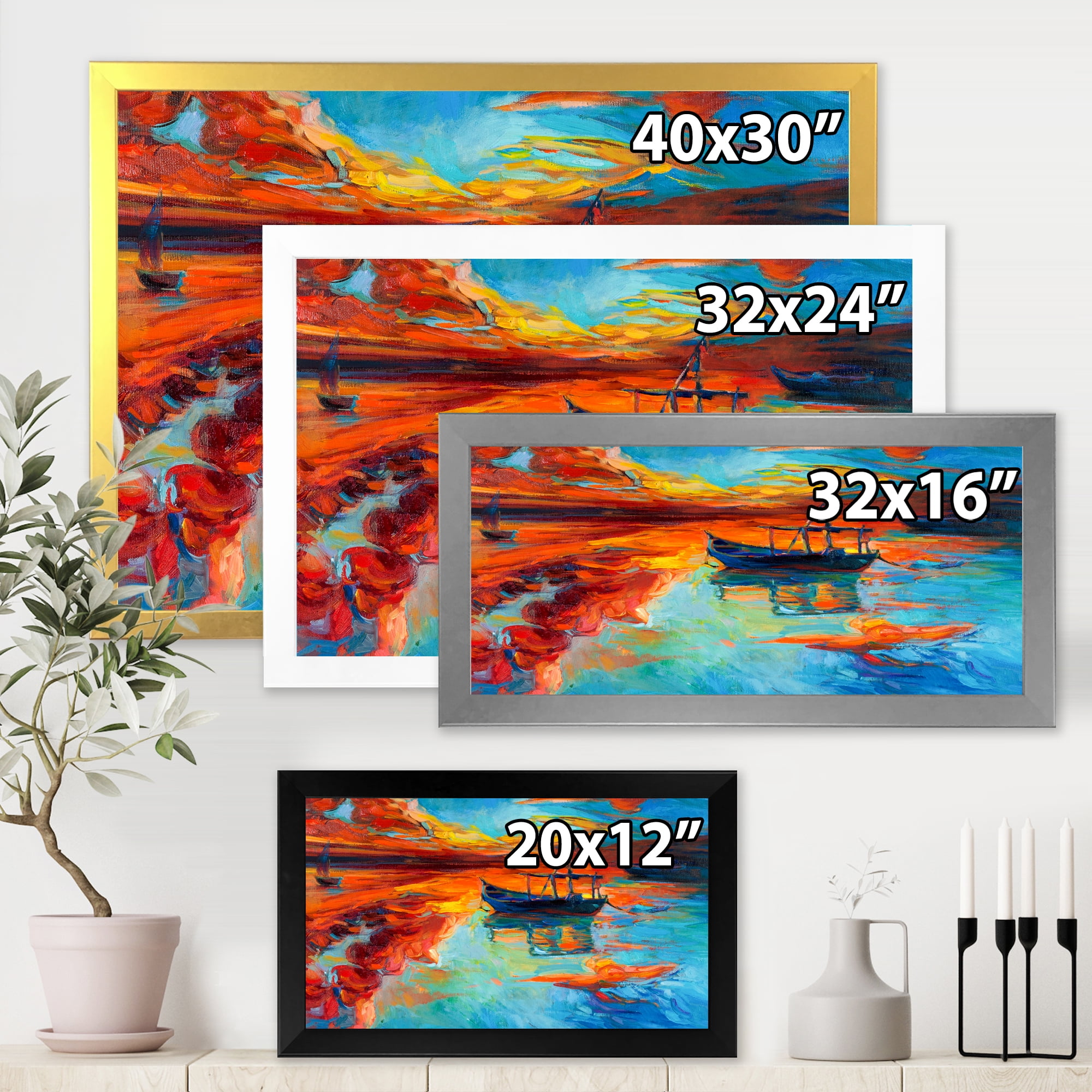 Boat At The Lake During Evening Glow IV 32 in x 16 in Framed Painting Canvas Art Print, by Designart