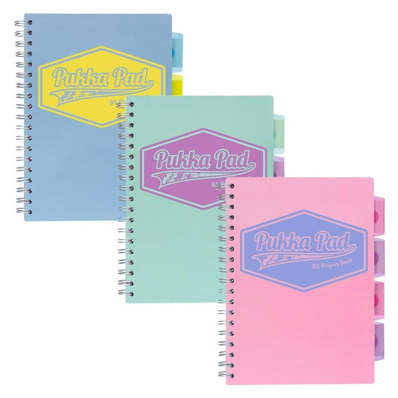 Pukka Pad Cahier Spiralé 5 Sujets Lot de 3 - 200 Pages, 100 Feuilles de Papier 80GSM avec Séparateurs Repositionnables et Bords Perforés pour Planification et Organisation Scolaire et Bureau - B5-7 X 10, Pastel