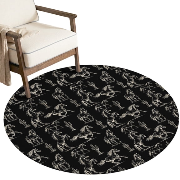 Running Horse Washable Round Area Rug 7 ft, Rustic Western Vintage Black White Wildlife Cactus Soft Non‑Slip Rugs Stain Repellent Indoor Mats for Large Living Room, Dining‑Room, Open‑Plan Space