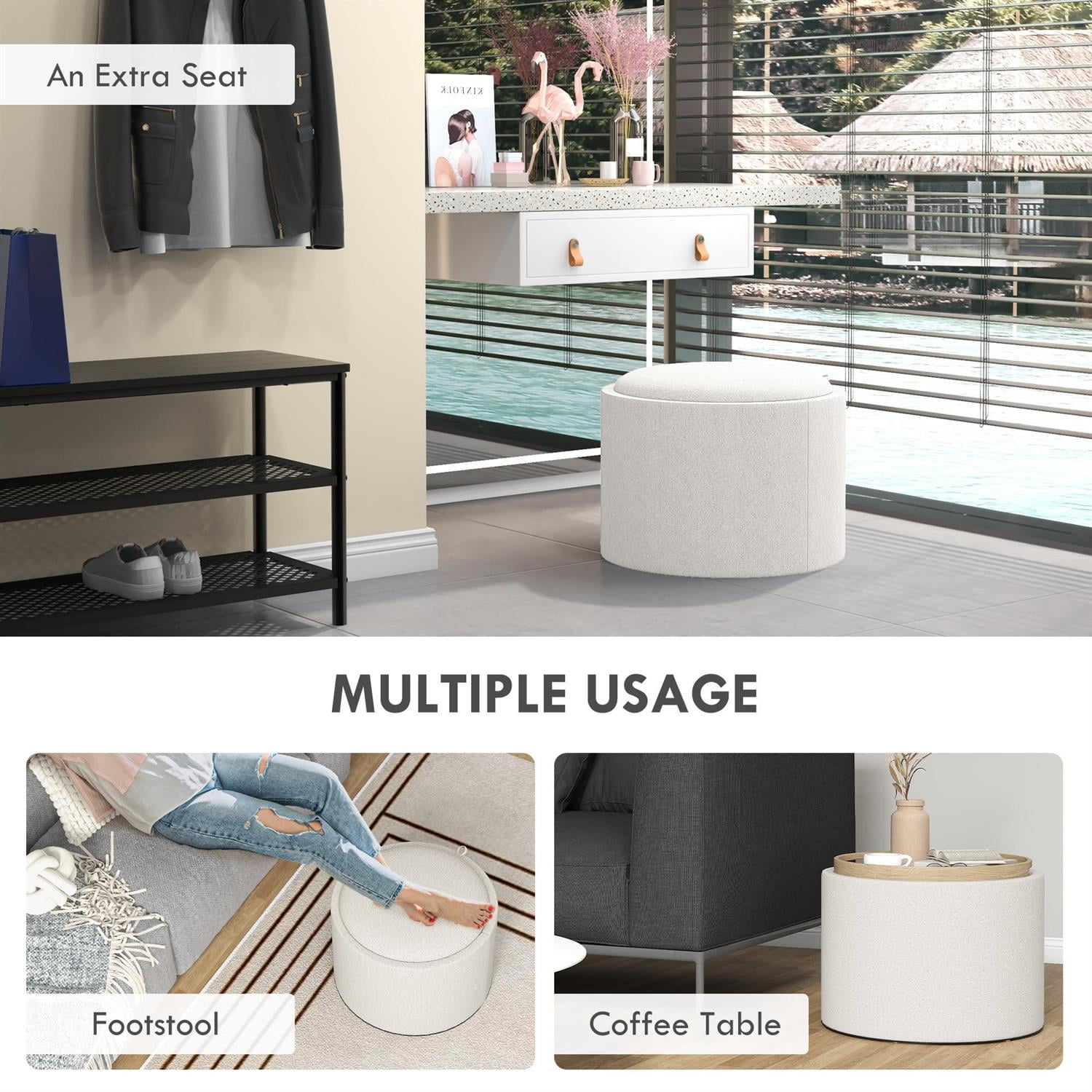 Demi Bonn 22" Round Ottoman Coffee Table with Flip Top Tray, Storage Footstool, Linen Fabric & Hidden Compartment for Living Room, White