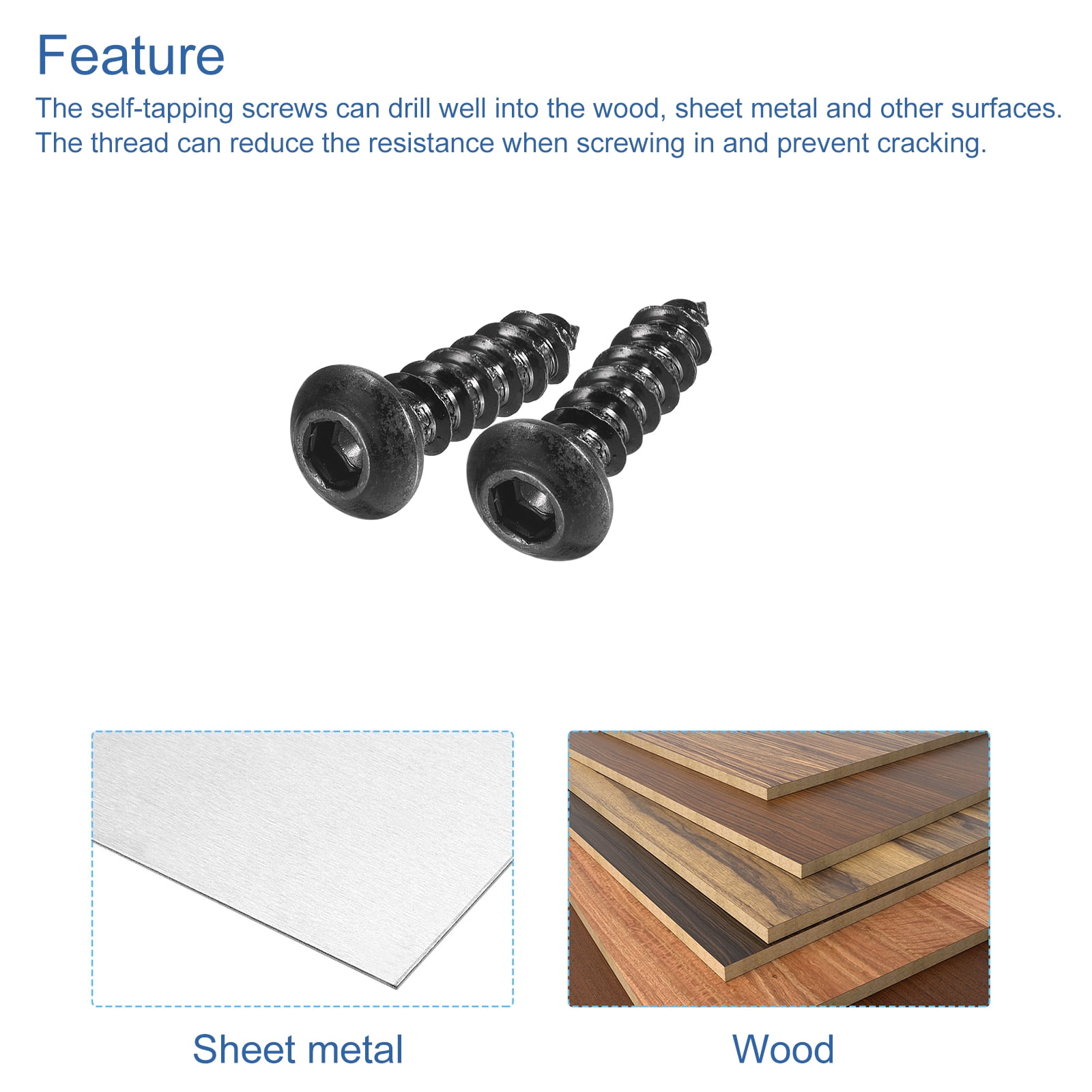 Uxcell Hex Socket Self Tapping Screws, M6 x 20mm Carbon Steel Wood Screw 200pack
