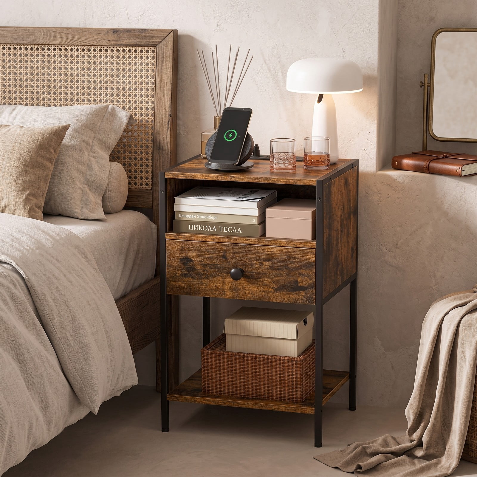 Furnibear Nightstand with Charging Station and USB Type-C Ports plus Drawer and Open Shelf for Bedroom and Living Room, Rustic Brown