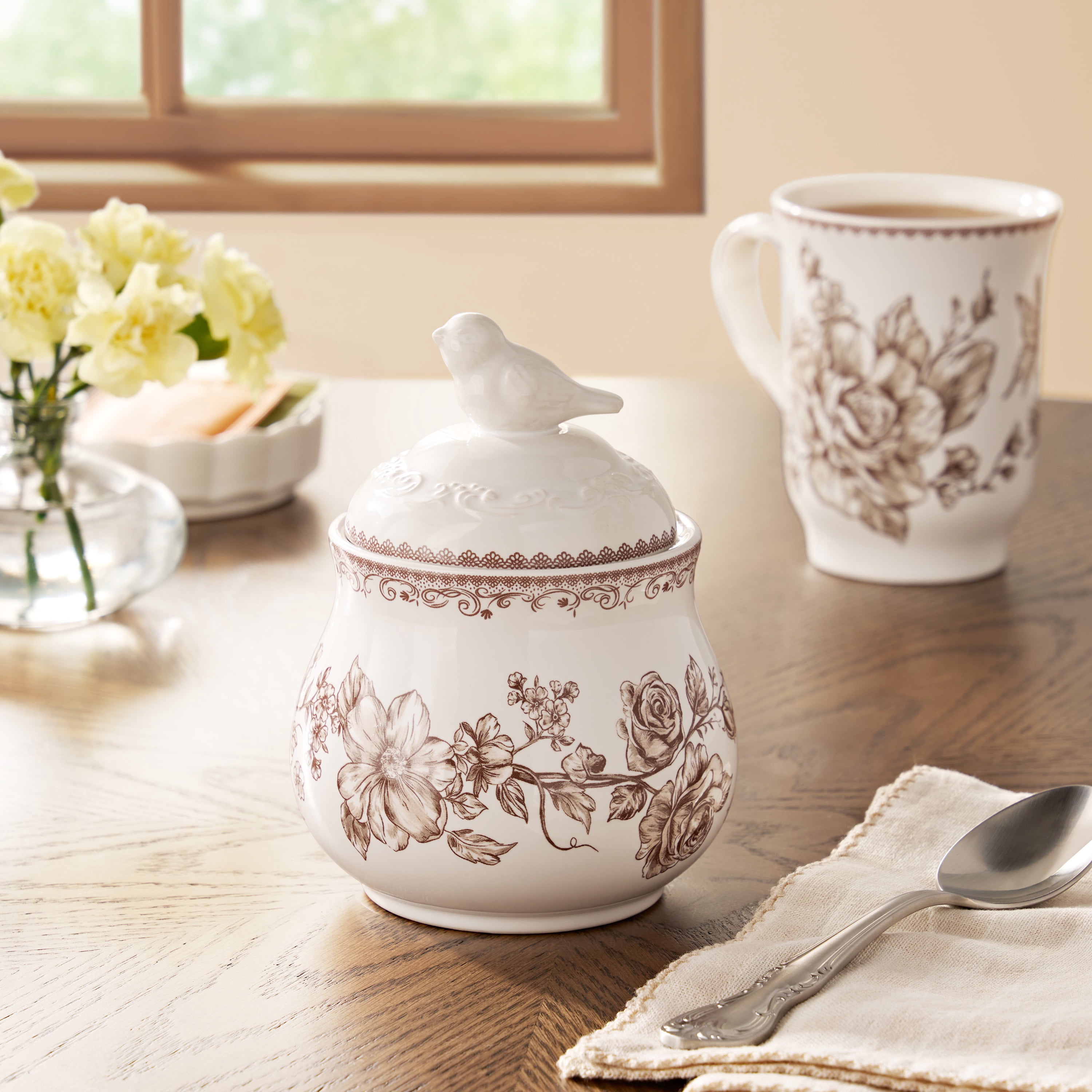 The Pioneer Woman Agatha Stoneware Sugar Bowl with Lid, Brown