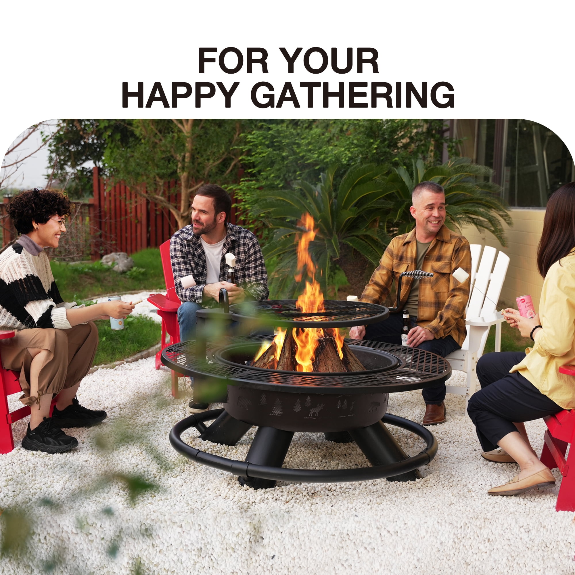 Bestier 47" Fire Pit for Outside Wood Burning, Extra Large BBQ Pit with Cooking Grill Grate, Patio Round Metal Fireplace for Camping, Backyard, Bonfire Picnic Party, Forest Style