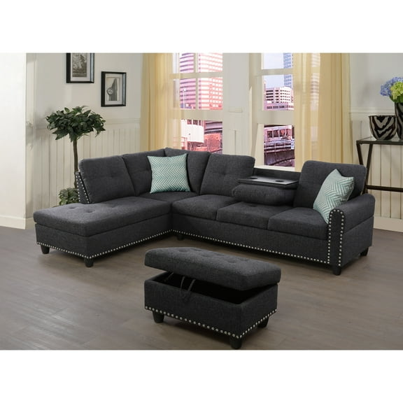 Linen Upholstery & Chaise With - 98" Left Hand Facing Charcoal And Upholstered Foam Filled