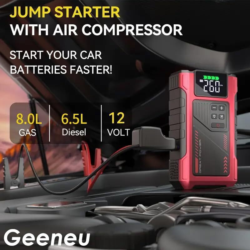 Geeneu Car Jump Starter with Air Compressor,5000A Peak Jumper Box for Car Battery Portable Booster Jump Pack,12V Jumpstart Combo 150PSI Tire Inflator Air Pump(up to 8.0L Gas/6.5L Diesel)