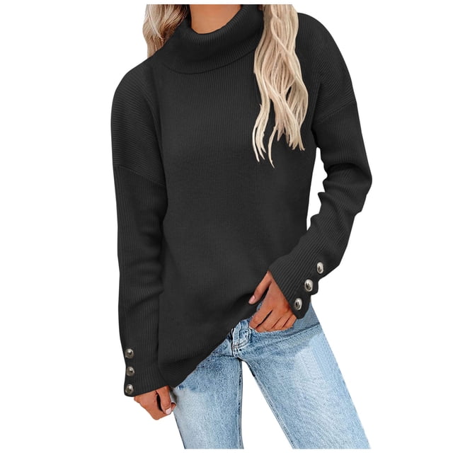 hoksml Mode Women Décontracté Solide Manches Longues Chandail Col Roulé Décontracté Sweater Hauts Tricot Jumper Liquidation