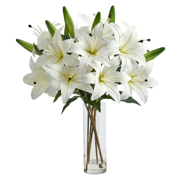 Nearly Natural 25in. Artificial Lily Arrangement with Cylinder Glass Vase, White
