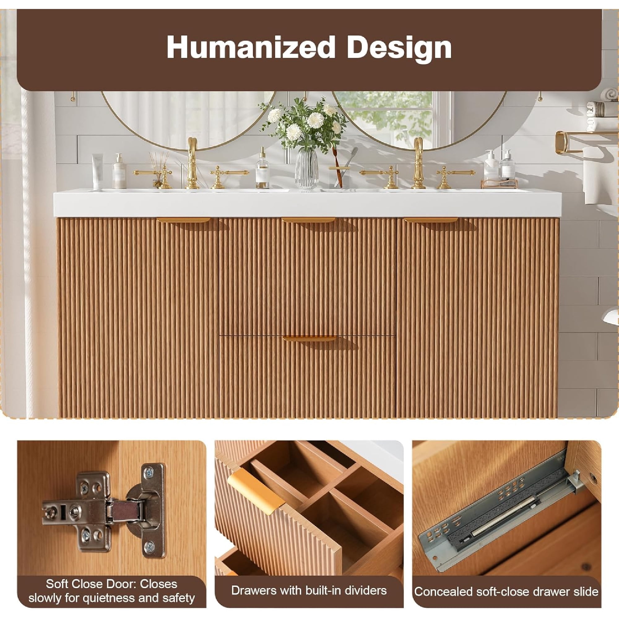 48 inch Bathroom Vanity with Sink Combo, Floating Double Sink Bathroom Vanities with SMC Resin Top, MDF Cabinet with Solid Wood Frame, Wall-Mounted Vanities for Large Bathrooms (48''-Wood)
