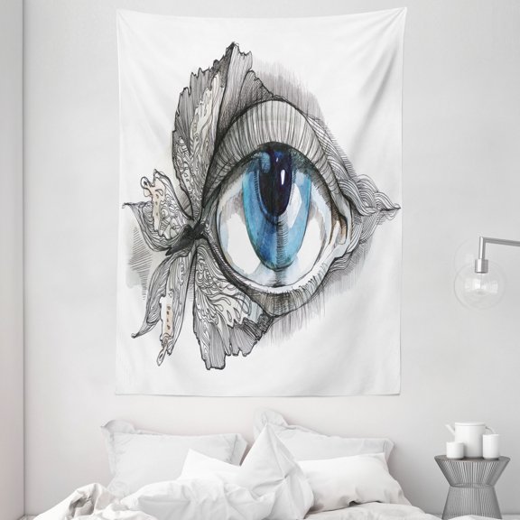 Eye Tapestry, Abstract Human Eye with Butterfly Eyelashes Painting Style Dreamy Female Look, Wall Hanging for Bedroom Living Room Dorm Decor, 60W X 80L Inches, Black White Blue, by Ambesonne