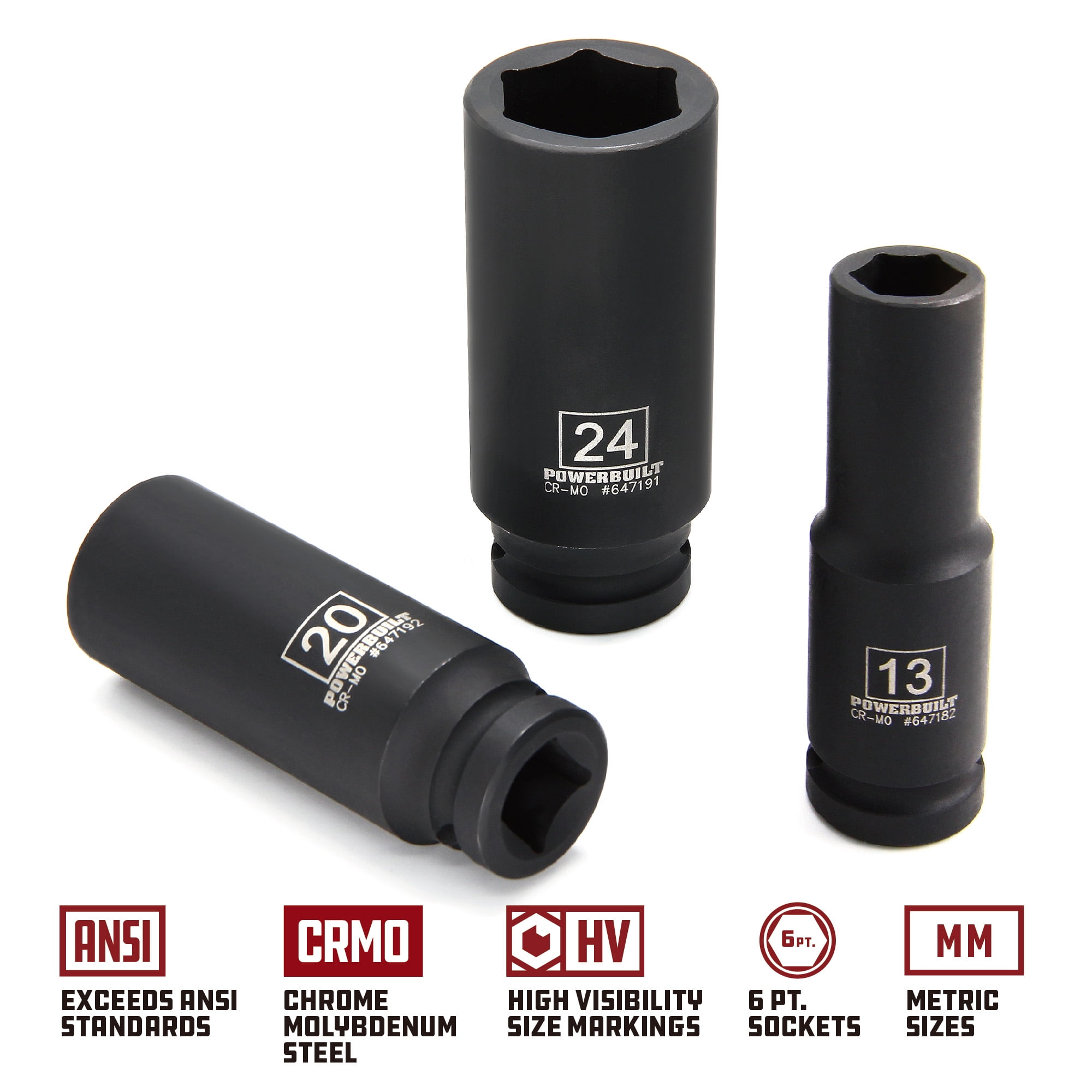 Powerbuilt 11 Piece 1/2 Inch Drive 6 Point Metric Deep Impact Socket Set - 647048
