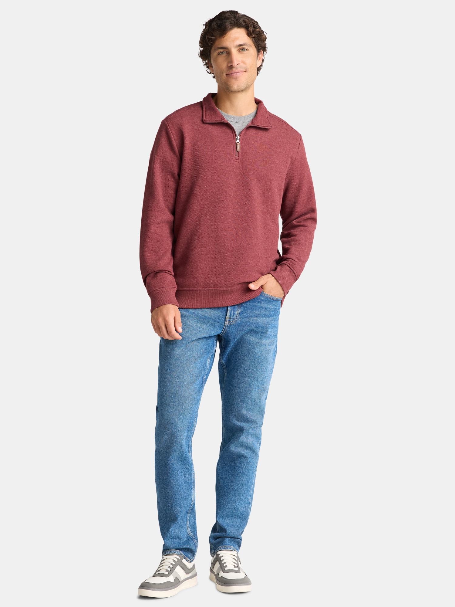 George Men's and Big Men's Pique Fleece Quarter Zip Pullover with Long Sleeves, Sizes S-3XL