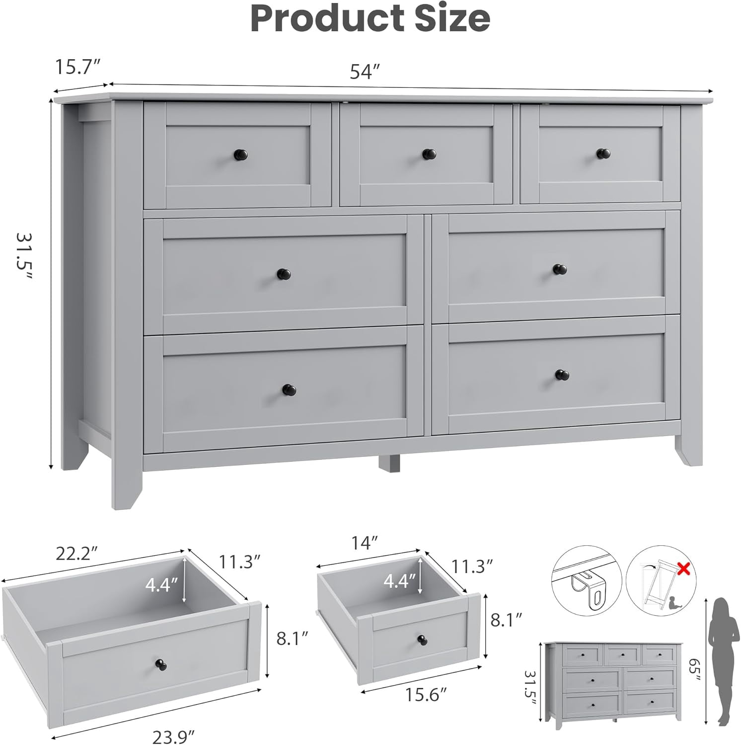 Grey 7 Drawer Dresser for Bedroom, 54" Wide Large Dresser with Deep Drawers & Metal Knobs, Modern Wooden Chests of Drawers for Entryway, Hallway