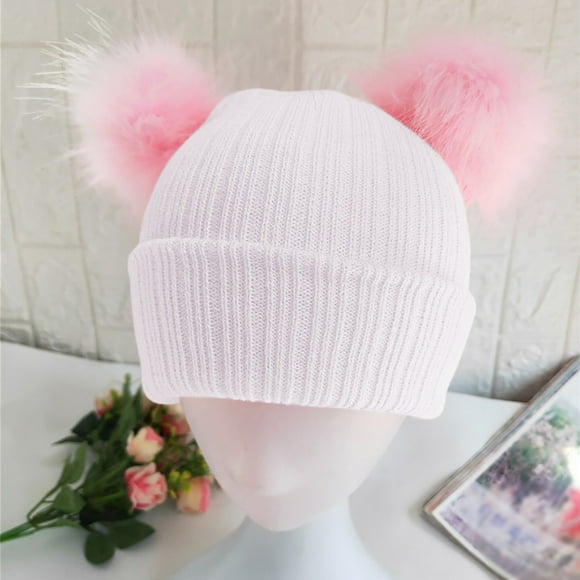 Riforla Women Winter Warm Crochet Knit Double Faux Hat Cap Solid Cute Hair Woolen Warm Winter Baseball Caps Pink
