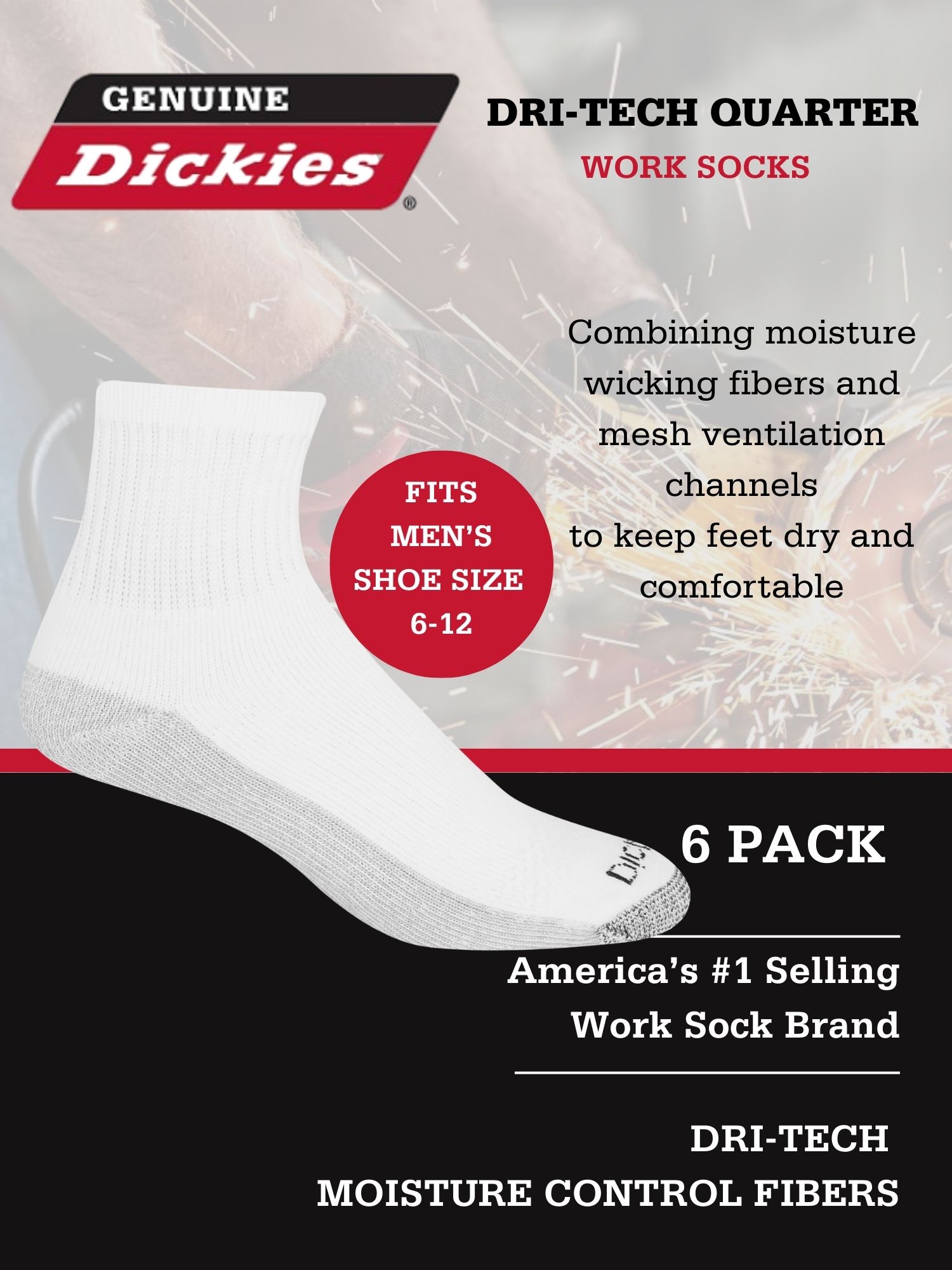 Dickies Men's Dri-Tech Moisture Control Quarter Socks, 6-Pack photo 4