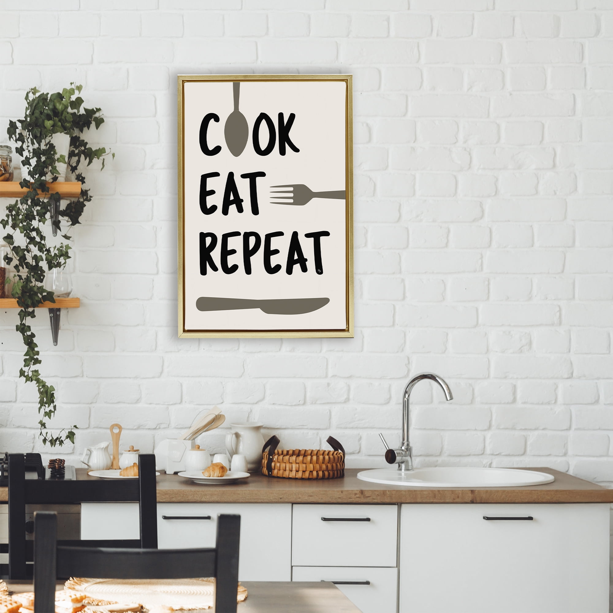 Stupell Industries Cook Eat Repeat with Utensils Gold Framed Floater Canvas Wall Art, design by Martina Pavlova